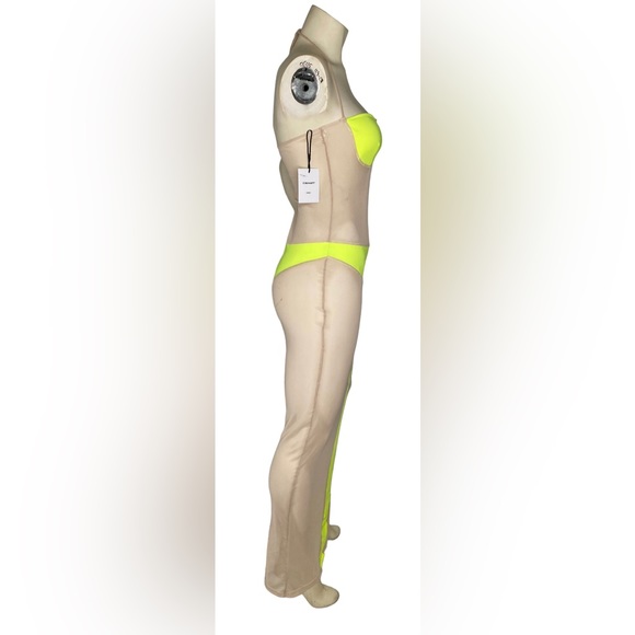 C.BRIDGETT Sexy Neon Yellow & Nude Sheer Mesh Color Block Halter Dress Cover Up - Picture 6 of 14